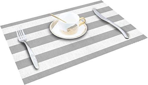 Image of YELONA Dining Table Placemats Set of 6 - Heat-Resistant, Non-Slip, Washable & Stain Resistant Woven PVC Vinyl Table Mats for Kitchen & Dining - 45 x 30 cm, PeachWhite & Grey