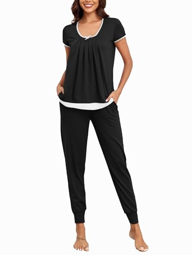 Famulily Billiger Schlafanzug Damen Kurzarm Hausanzug 2-Teilig Sommer Kurz Aesthetic Pyjama Kuschelig Warm Pj Set Schwarz M