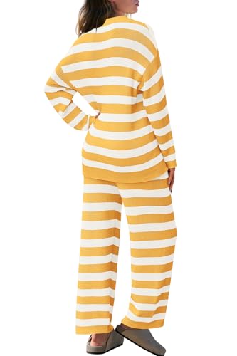 Image of SENSERISE Womens Striped Set Sweater Lounge Sets Matching Fall Outfits Long Sleeve Tops and Pants with Pockets