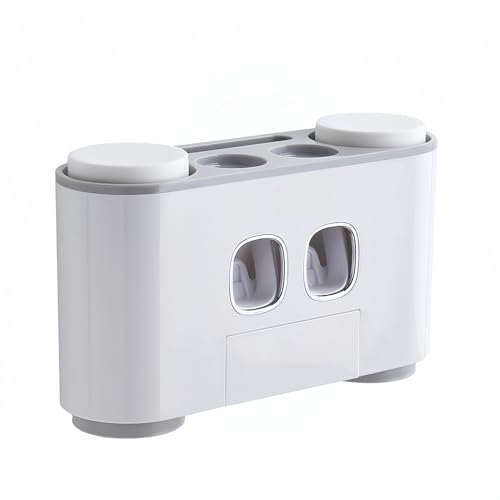 壁掛け式歯ブラシホルダー・自動スクイズ歯磨き粉ディスペンサー2個付き・カップ4個&歯ブラシスロット5個収納ラック | 粘着取付・穴あけ不要・ABS+PS+PP素材・サイズ25.4×8.2×15.6cm | ホワイト×グレー 洗面所用整理整頓アイテム