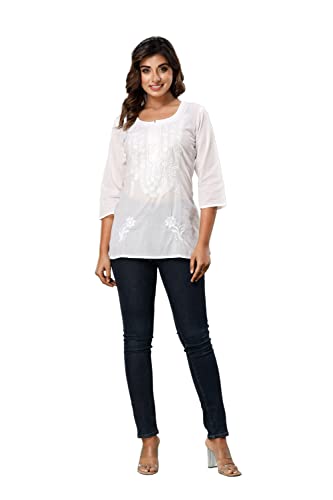 Image of Lucknowi Chikan Embroidered Short Casual White Kurti for Women