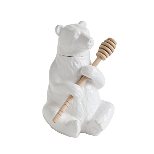 Creative Co-Op DA8253 White Bear Shaped Honey Pot with Bamboo Dipper