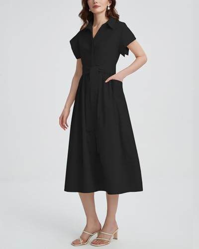 Women's Belted Shirt Midi Dress Casual Short Wing Sleeve Button Down Lapel V Neck Dress4