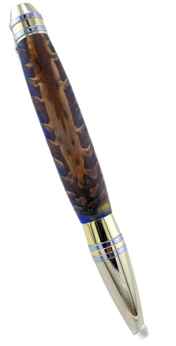 Handmade Professional style ballpoint pen. Stabilized pinecone in blue and yellow acrylic. Gold and chrome trim. Black ink.