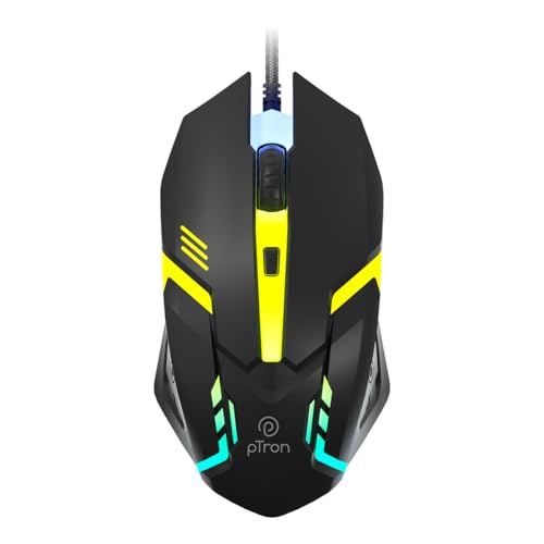 Image of pTron Flick M12 Wired USB Mouse with 4 Buttons, 1600 DPI Optical Sensor, Precision Tracking, RGB Lights, 4 Adjustable DPI, Plug & Play Use, Ergonomic Design, for Windows OS (Black)