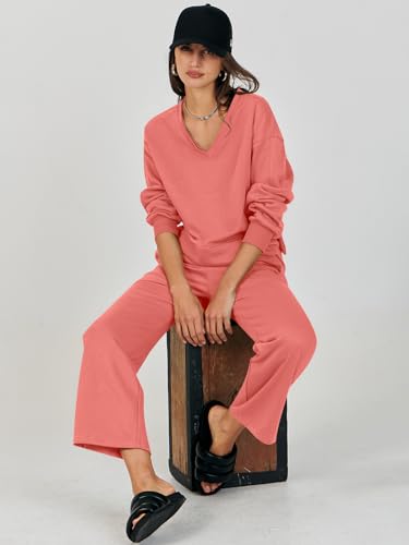 ANRABESS Women 2 Piece Outfits Sweatsuit Set 2023 Fall Trendy Oversized Sweatshirt Wide Leg Sweatpant Lounge Matching Sweat Set Athletic Tracksuit Travel Clothes A804jiuhong-M - Thumbnail 7