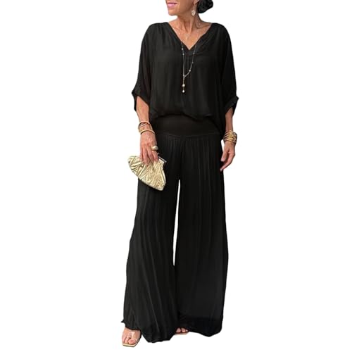 Pant Suits for Women Chiffon V Neck 3/4 Sleeve 2 Piece Outfits Dressy Casual Wide Leg Formal Pantsuits