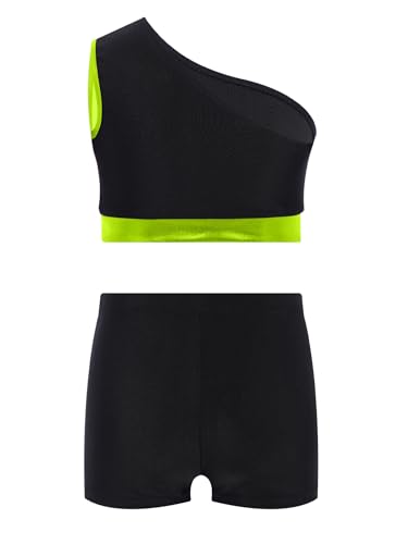 Kids Girls Shiny Metallic Color Block Sports Dance Outfit Gymnastics Vest And Shorts Bottoms Set4