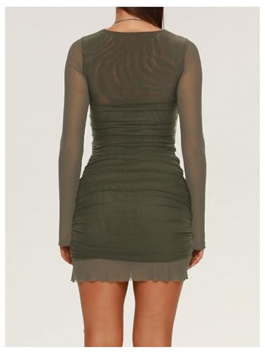 SweatyRocks Women's Sheer Mesh Cut Out Ruched Ruffle Going Out Mini Bodycon Short Dress3