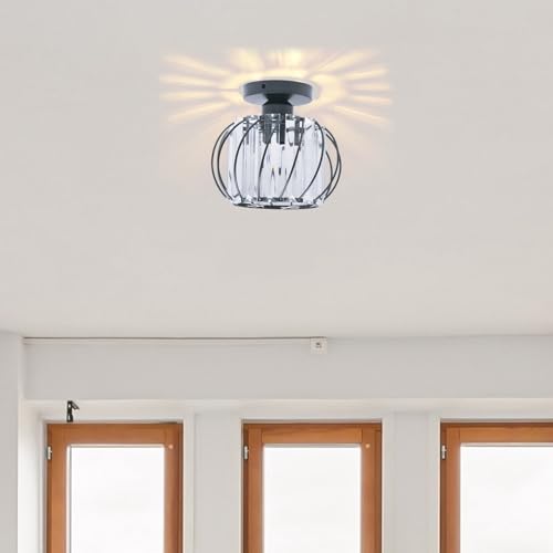 COOINJOY E27 Modern LED Crystal Chandeliers, Semi Flush Mount Ceiling Light Fitting for Kitchen, Hallway, Dining Room, Living Room, Black(Bulb not Included)