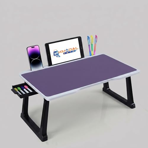 Image of Portable Laptop Table for Study & Writing | Foldable Bed Table with White Bidding Finish | Scratch Resistant Wooden Top | Heavy Duty Rust-Free Legs | Multipurpose Study Desk with Drawer (Purple)