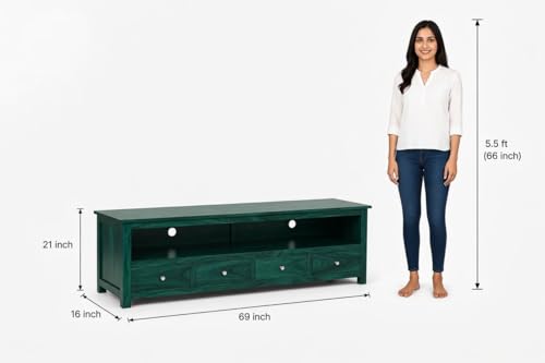 Image of Sheesham Solid Wood TV Cabinet for Living Room | Handcrafted Wooden TV Unit with Storage | Elegant Entertainment Stand for Modern Homes (4 Drawer Tv Cabinet, Green)
