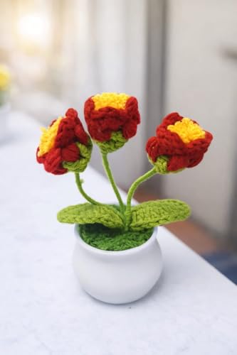 Image of VRB DecTM 1 Pcs Crochet Flowers Artificial Daisy for Office Desk Car Dashboard Decor,Home Decoration, Office, Bedroom, Christmas Decor, Wedding,Diwali (Lily Red Daisy with Pot)