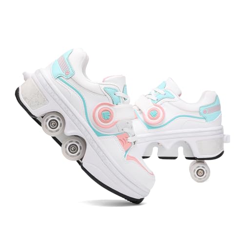 pairduck Patines de ruedas para mujer, zapatos retráctiles 2 en 1 para patinaje en interiores y exteriores con ruedas ajustables, Blanco, rosa, azul., 38 EU