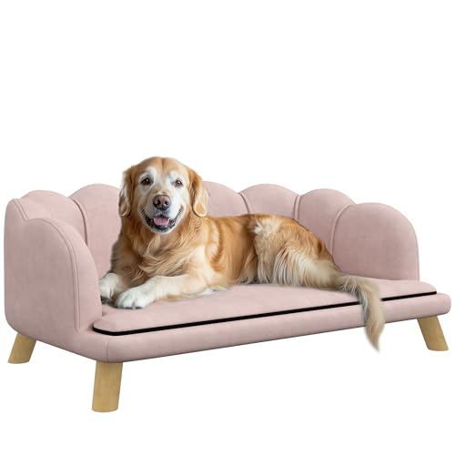 PawHut Hundesofa Hundecouch, Waschbarer Bezug, Haustiersofa mit Rückenlehne und Holzbeine, Katzensofa, für mittelgroße Hunde unter 25 kg, Rosa