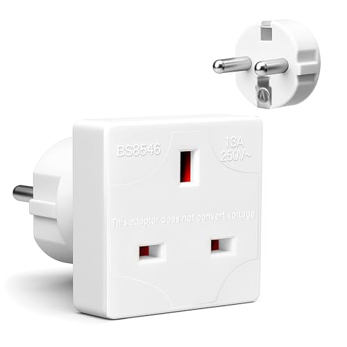 Desiretech EU Travel Adaptor - Pack of 1 UK 3 Pin to EU 2 Pin Type G to Type C/E/F Plug Converter for European Trips 13A 250V Compact & Heat-Resistant CE & UKCA Certified White