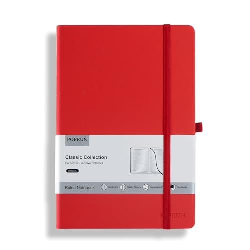 POPRUN A5 Lined Journal Notebooks, Leather Hardcover Thick Notebook for Writing, Business Work, Travel, School, College, Christmas, 5.5 x 8.3 inch, 240 Pages Classic Ruled Journals Notepad, Red