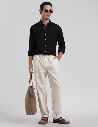 Image of FYLTR Men's Cotton Linen Summer Pants with Elasticated Drawstring Waistband | 4 Pocket Styling | Relaxed Fit | Comfortable Pants for Men