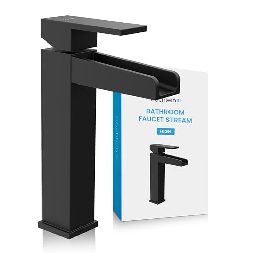 Bächlein High Tap for The Bathroom in Stream Design Extra High Single-Lever Mixer with Installation Set for Countertop Washbasin Matt Black Bathroom Faucet
