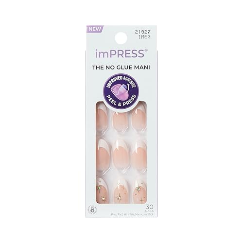 Kiss Impress No Glue Mani Press On Nails Design Star player White Medium Size Almond Shape Includes 30 Nails Prep Pad Instructions Sheet 1 Manicure Stick 1 Mini File