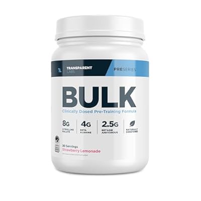 Transparent Labs Bulk Pre Workout Powder - Naturally Sweetened Preworkout for Men & Women, Pre Work Out for Muscle Building & Strength wBeta Alanine & BetaPure - 30 Servings, Strawberry Lemonade