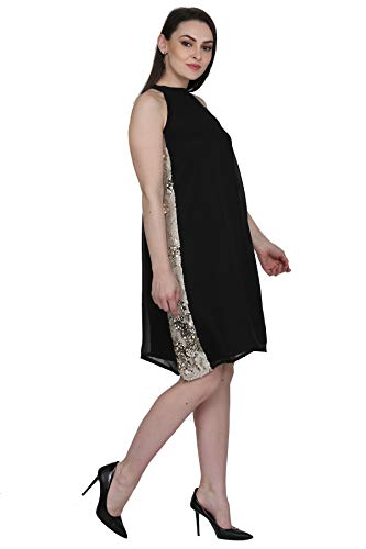 Image of LATIVE Fashion Stylish one Piece Dress for Women & Girls Sequin Georgette Mini Shift | Stitched Fancy Dress for Girls Farewell | Classy Dress for Ladies - Black