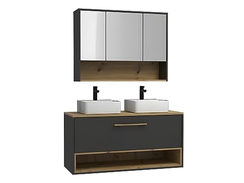Vente-unique - Mueble de baño suspendido Antracita con Doble Lavabo a Instalar y Armario de baño - 120 cm - YANGRA