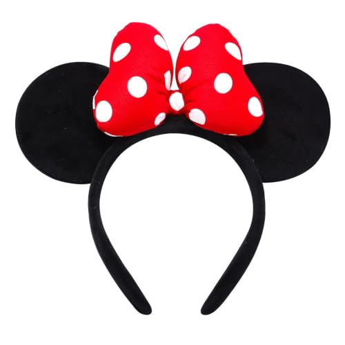 ODOCARE Handmade Mouse Ears Headband for Women and Ladies Polka Dot Bow Mini Ears Costume Accessories(Red-White Dots)
