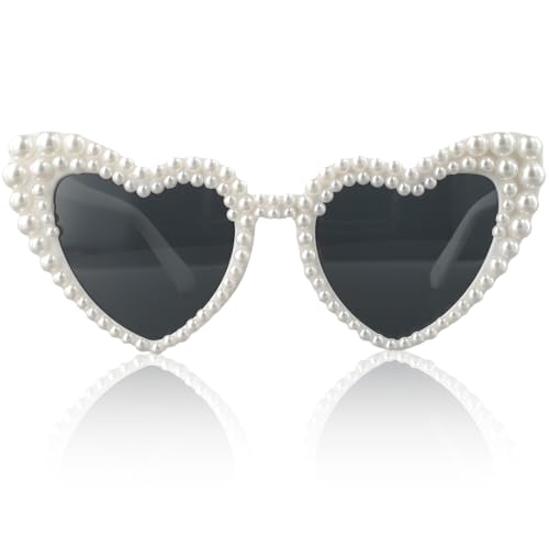 White Heart Sunglasses, Bride Sunglasses Wedding Accessories with Pearl Retro and Cute Suitable for Wedding Bachelor Party Gifts Can Be Used By Both Men and Women