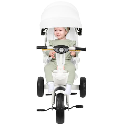Triciclo de bicicleta infantil con espacio de almacenamiento, parasol, triciclo explorer 4 en 1 – triciclo plegable y escalable en draisiana para niños de 10 meses a 5 años, 100 x 75 x 50 cm blanco