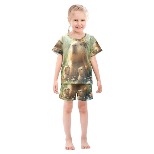 Pajama Sets Short Sleeve Three Cute Capybara Soft Cotton Summer Sleepwear 2 Piece PJS Size 5-14T4