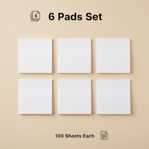 White Sticky Notes 6 Pads 3 X 3 Inch 100 Sheets/Pad Self-Stick Notes Pads 600 Sheets Total