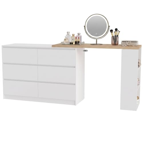 Image of HOMCOM Dressing Table, 6 Drawers, 3-Tier Shelf, Straight or L-Shaped, White