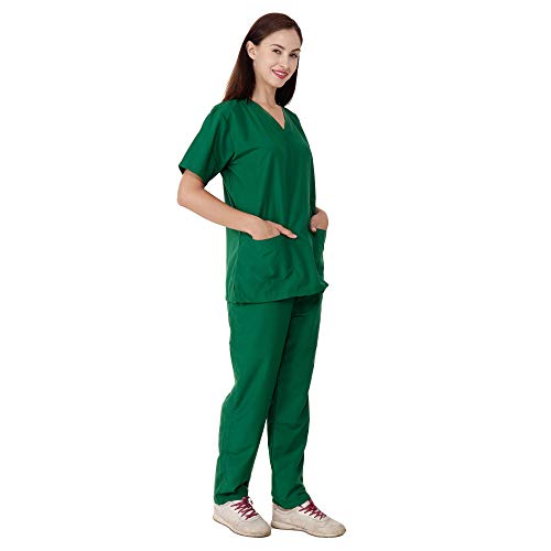 Image of RANK Women's Poly Viscose Scrub Suit for Nurses | V-Neck and Drawstring Pant Hospital Ot Surgical Uniform for Student Doctor and Dentist Size - S (Hunter Green)