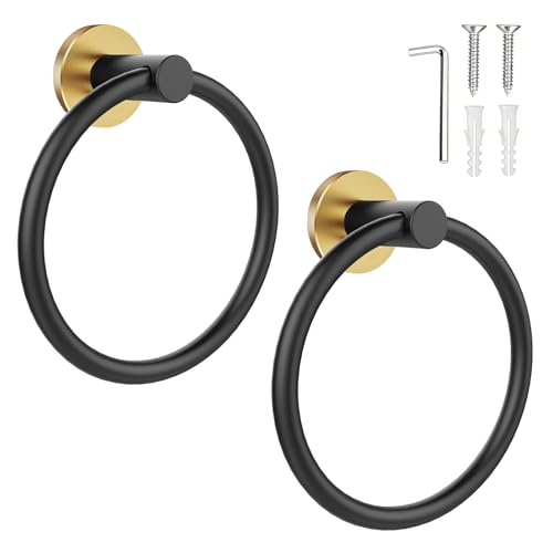 Image of SetSail Towel Holder for Bathroom Wall 2 Packs Towel Ring Stainless Steel Heavy Duty Hand Towel Hanger for Bathroom, Black and Gold