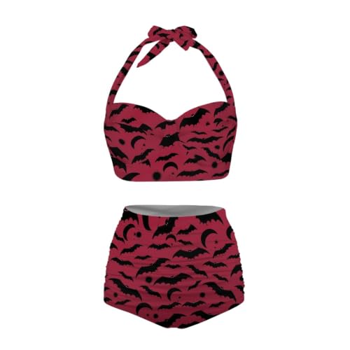Image of Yuuxorilu Women Two Piece High Waist Bikini Set Halter Ruched High Waist Bikini with Bottom, Red Bat Sun Moon Print, S