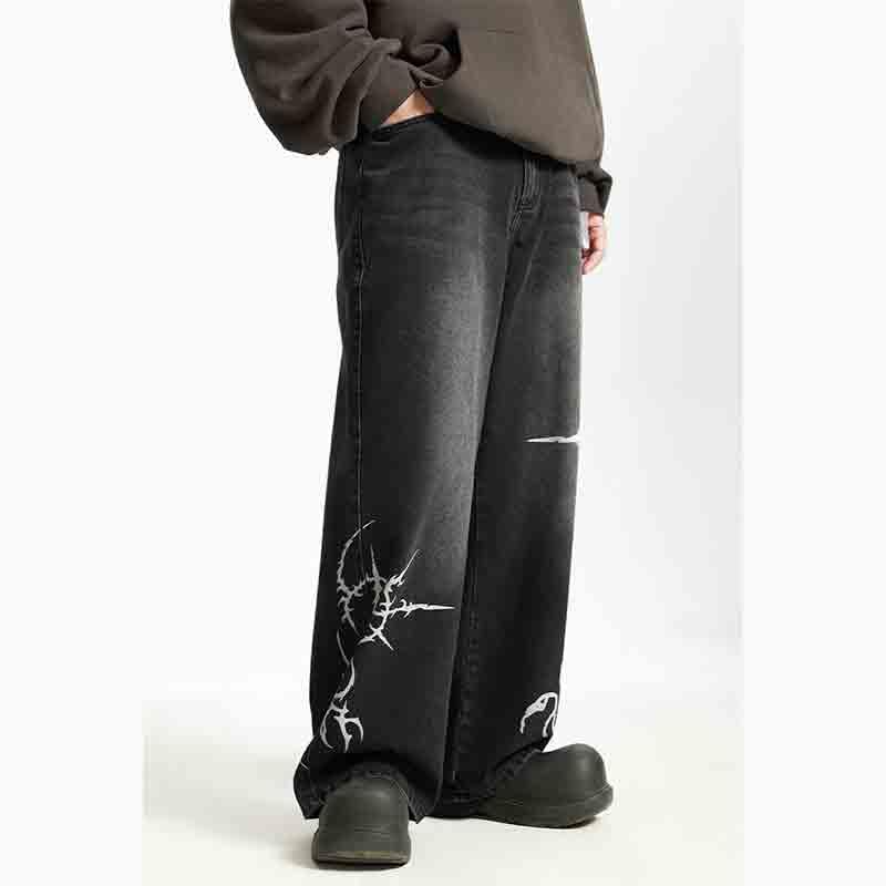 BXCNCKD Men's Graphic Printed Wide Leg Jeans, high Street Loose fit Distressed Straight Leg Pants Mens Jeans Relaxed fit3