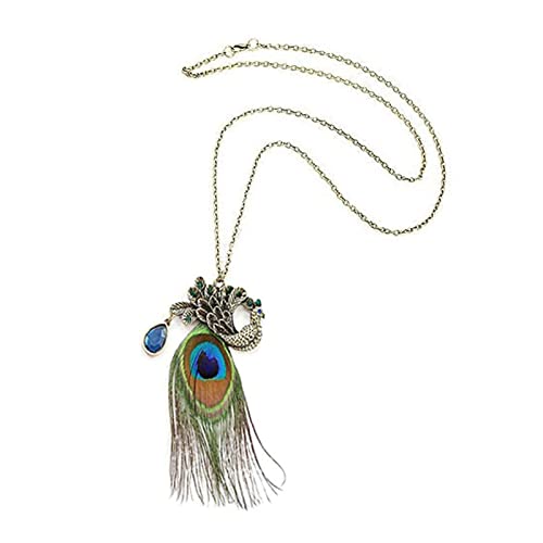 Dreuyet Bohemian Peacock Feather Necklace for Women Handmade Boho Vintage Turquoise Crystal Pendant Necklace Statement Summer Beach Retro Ethnic Jewelry