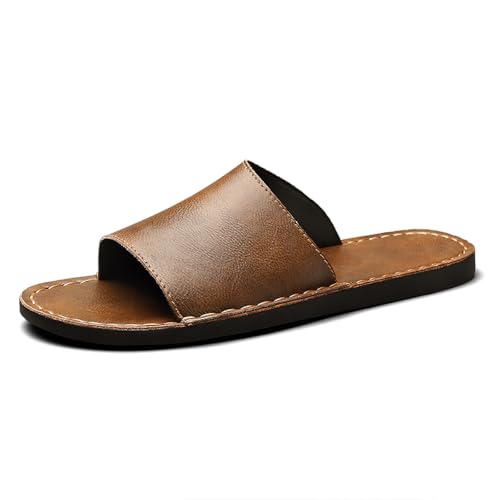 Men's Leather Flat Slides Sandals with Hand Stitched Comfortable
