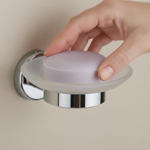 Image of Premium 304 Stainless Steel Soap Dish with Frosted Glass Bowl - Wall Mounted Soap Holder for Bathroom, Shower, and Kitchen | Rustproof Chrome Finish Luxury(Round-29)