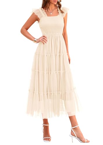 PRETTYGARDEN Women's Summer Tulle Midi Dress Sleeveless Smocked Ruffle Flowy Mesh Dresses Party Wedding Guest Sundress (Beige,Medium)