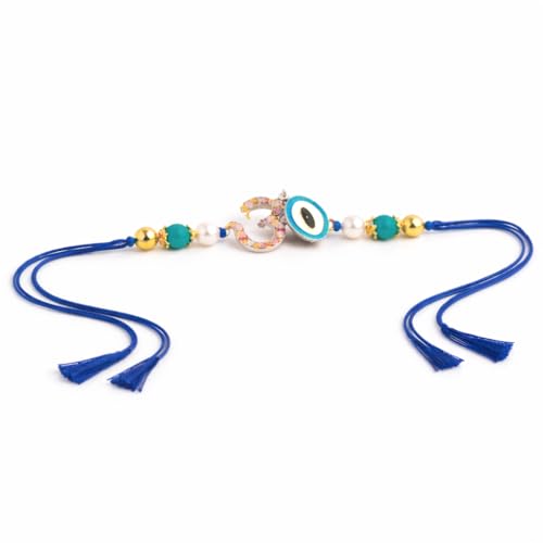 Image of JAIPUR ACE Om Evil Eye Rakhi for Brother | Premium Blue Thread Designer Rakhi Bracelet with Beads | Raksha Bandhan Gift Set with Roli Chawal & Greeting Card | Spiritual Rakhi Gift