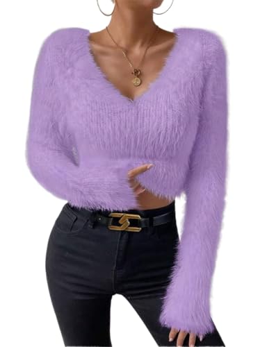 Mohair Sweater for Women Y2k Fuzzy Sweater Faux Fur Sweater Coquette Long Sleeves Cropped Sweater for Women