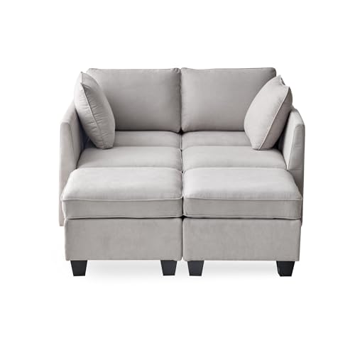 Divano Roma Furniture Modern Chenille Fabric U-Shaped 6 Seat Sectional Sleeper Couch with Reversible Chaise Modular Sofa with Storage, Large, Light Grey