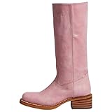 HoanTiai Mid Calf Boots for Women Round Toe Pull On Biker Boots Stacked Chunky Heeled Riding Boots Women's Comfort Leather Tall Boots
