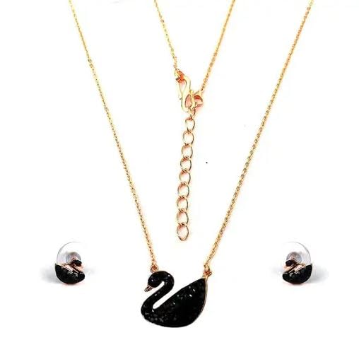 pmw1 Duck Necklace with 1 Pair Earrings - Rose Gold Plated Swan Necklace with Stainless Steel Chain Black Duck Necklace Golden Chain for Women and Girls