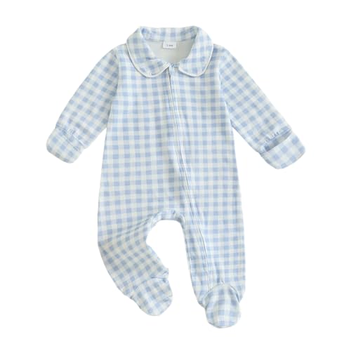 Image of Motlapol Newborn Baby Boy Girl Gingham Footed Romper Plaid Print Peter Pan Collar Long Sleeve Jumpsuit Coming Home Outfit