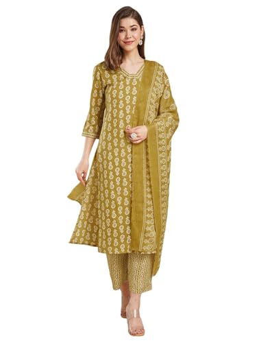 Sanisa Women's Cotton Blend Printed Straight Kurta With Pant And Dupatta Set (236Kbd2494N-S_Mustard Yellow & Beige)