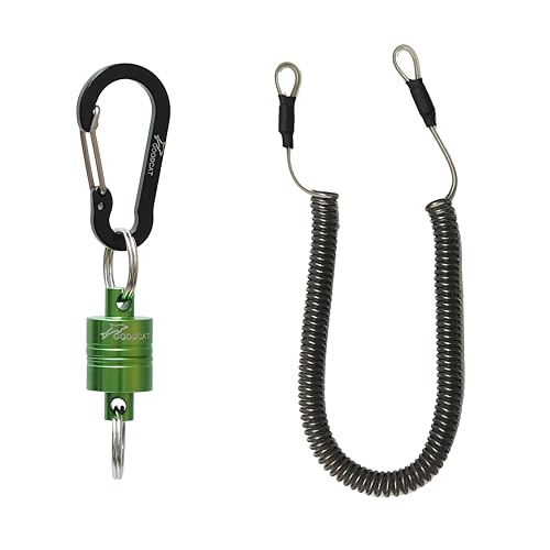 GOODCAT Strongest Magnetic Net Release Magnetic Keychain Fly Fishing Net Retractor Magnet Clip Holder Retractor with Retractable Coiled Lanyard Carabiner Trout Magnet(Green Magnet+ Black Carabiner)