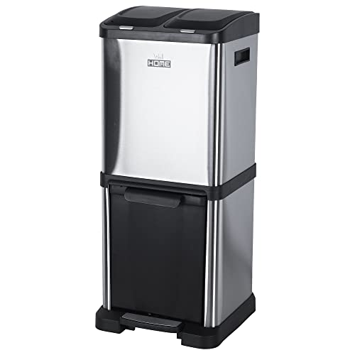 Cestino per il riciclaggio ecologico, 32 litri, 3 scomparti (2 x 8L + 1 x 16L), cestino per carta e vetro/plastica, ideale per uso domestico, ufficio, interni ed esterni, acciaio inox satinato